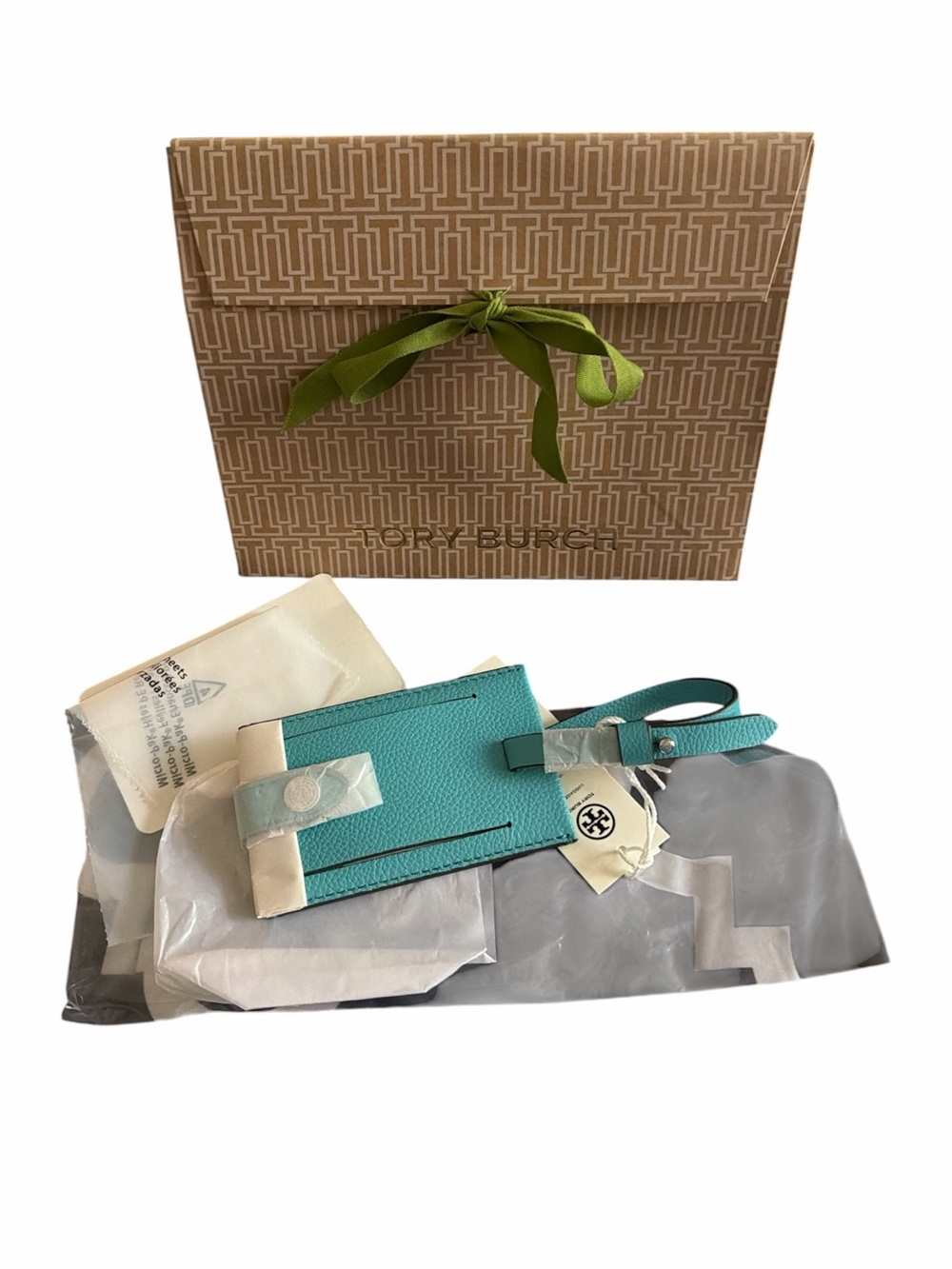 Tory Burch Turquoise Leather Luggage Tag with branded Gift Box - NWT